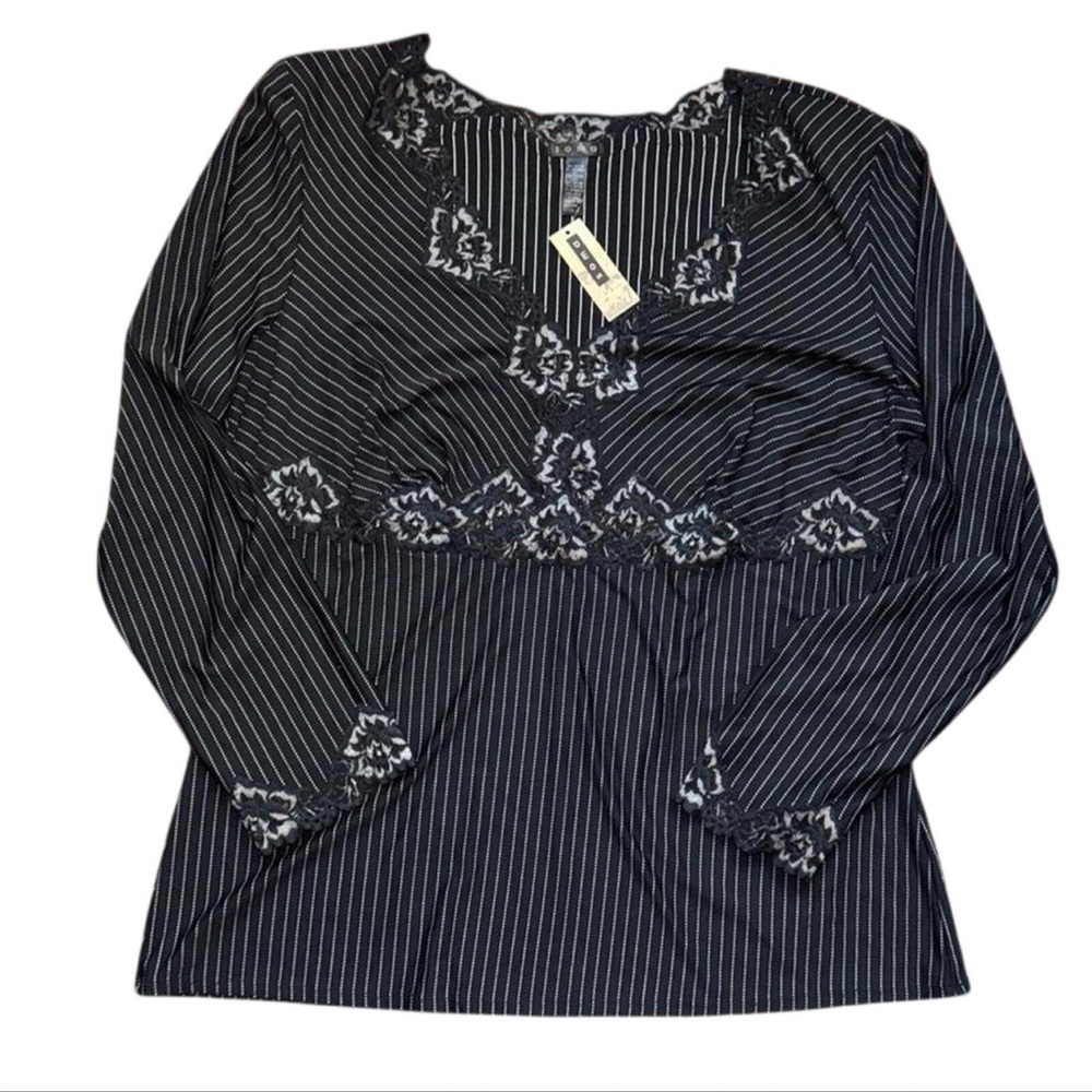 NWT Soma Women’s Travelers Ticking Black Pin Stripe Lace 3/4 Sleeve Top — LARGE